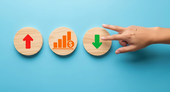 Hand pointing to wooden token with financial growth and savings icons on blue background