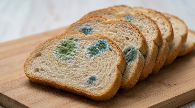 sliced white bread covered in green and blue mold spots on a wooden cutting board.