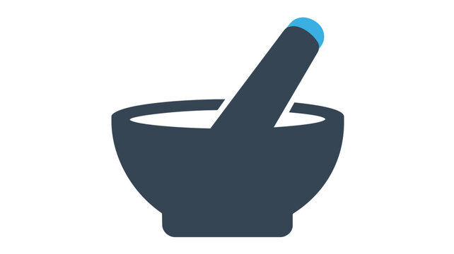 Minimalist flat vector icon illustration of a pharmacy mortar and pestle for medical or laboratory use, featuring a clean dark gray design with blue accents for healthcare and science projects.