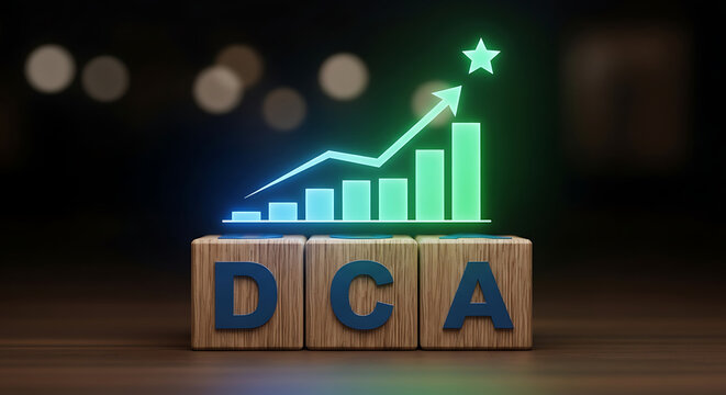 3d house model with growth chart and dca acronym on wooden block