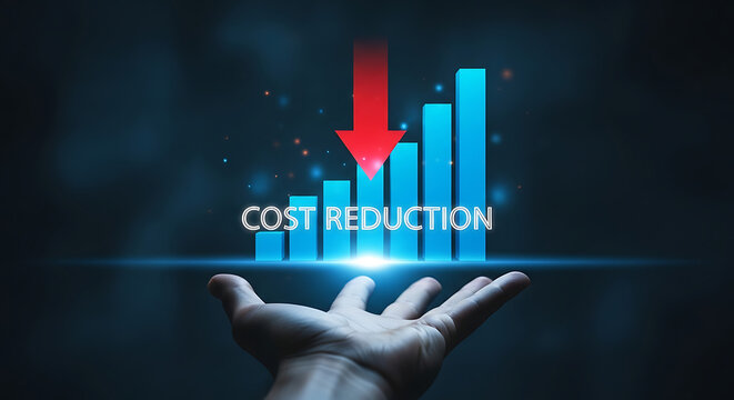 Hand holding glowing cost reduction arrow over financial bar chart
