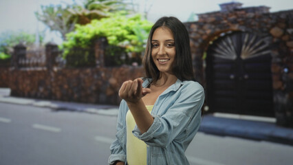 Fototapeta premium Woman smiles and beckons with hand at house street entrance wearing denim shirt and yellow top, casual pose; invitation warmth.