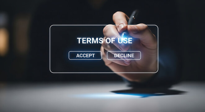 Hand selecting accept button on digital terms of use screen with motion blur
