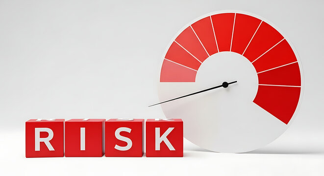 Risk concept with red dice spelling word and roulette wheel on white background