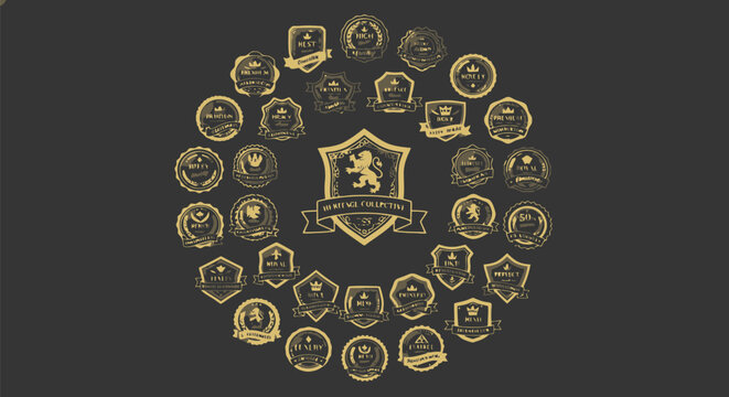 Vintage gold heraldic crest collection, luxury lion shield emblems and royal badges, set of 32 golden vector insignias for premium branding