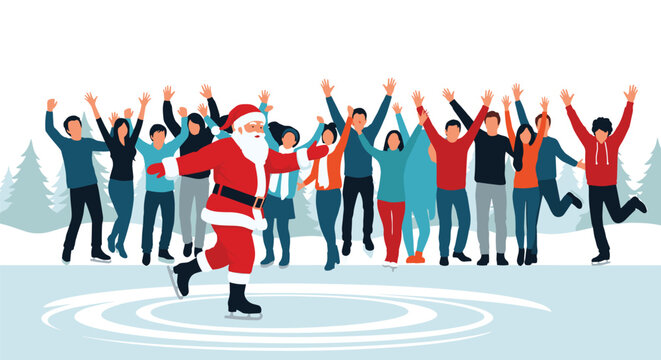 Jolly Santa Claus ice skates on a frozen lake while a large group of people cheer and wave with their arms up in a snowy winter forest.
