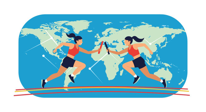 Two female athletes in sports gear pass a baton during a relay race against the backdrop of a blue and green world map and track lanes.