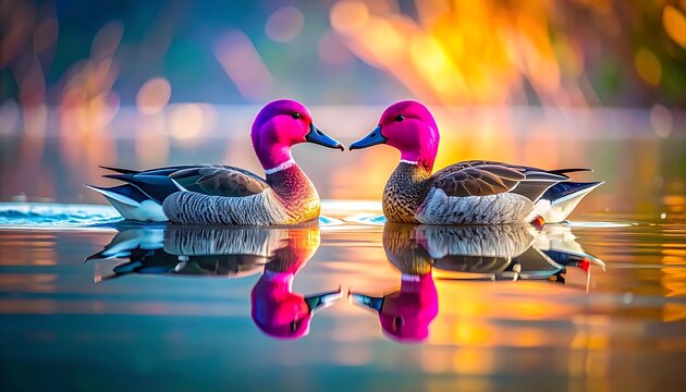 Two teal ducks with vibrant pink heads touching beaks on shimmering water surface, reflecting warm golden hour sunset light, serene wildlife scene
