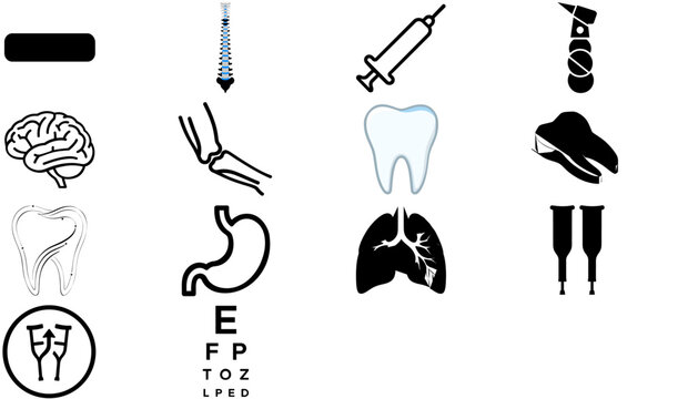 Mega Vector Icon Set of 14 Health and Medical Graphics: Brain, Dental Tools, Spine, Tooth, Syringe, Bandage, Lungs, Stomach, Crutches, Eye Chart, and Bone Joint. Minimalist Flat Bundle.