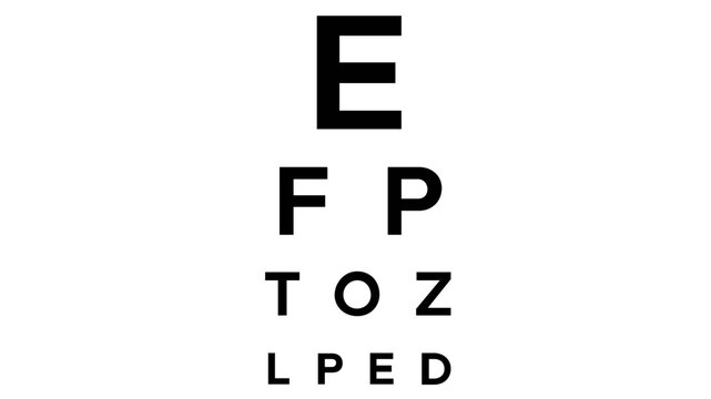 Professional optometry eye chart vector icon illustration featuring Snellen vision test letters E, FP, and TOZ. Minimalist flat design for ophthalmology, healthcare, and vision screening.