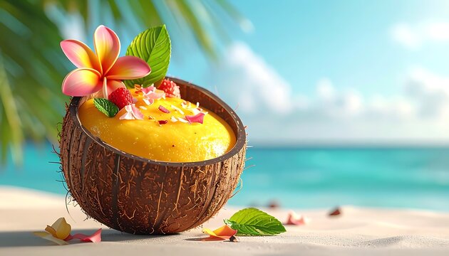 Tropical smoothie in a coconut shell on a sandy beach with palm leaves and turquoise ocean, refreshing summer dessert, vacation vibe