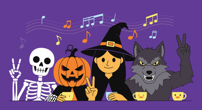 Spooky Halloween characters including a skeleton and a witch sit together at a table drinking from cups under floating musical notes.