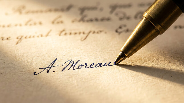 Golden Pen Signing 'A. Moreau' Signature on Textured Parchment Document