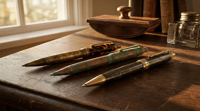 Three vintage ballpoint pens resting on a wooden surface near a window