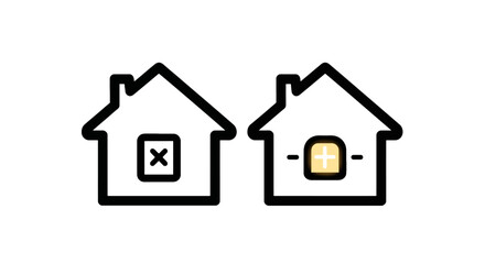 Fototapeta premium Two houses icons one with a cross and one with a plus sign choice and option concept real estate selection process building decision selection