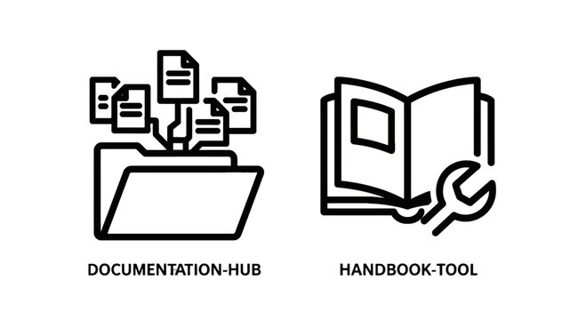Documentation hub folder with documents and handbook with wrench icon data management line art knowledge base documentation documents information