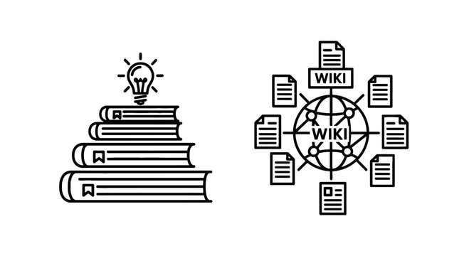 Stack of books with lightbulb and wiki network icons line art knowledge lightbulb education learning information collaboration connection documents