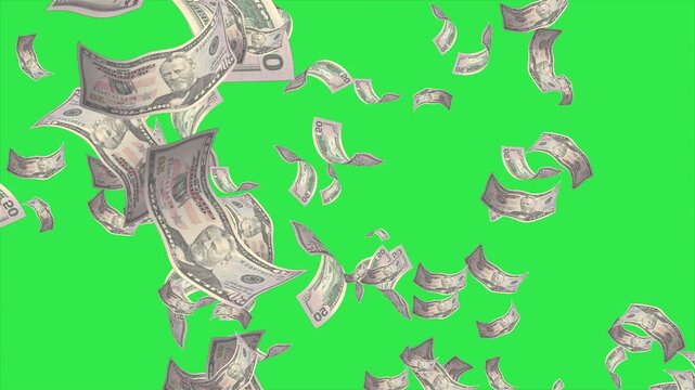 3D new Dollar bills banknotes fall down slowly animation on Green Screen Background.