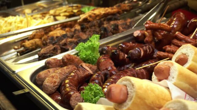 Close-up view of a vibrant street food stall showcasing a wide assortment of freshly prepared fast food. Hot dogs in bread rolls, various grilled sausages, and kebabs
