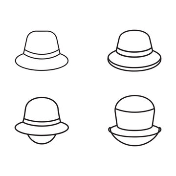 Four different types of hats with brim and crown variations  simple line art  no background