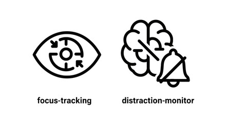 Obraz premium Focus tracking and distraction monitoring icons for concentration and attention control with self control tracking distraction monitoring concentration