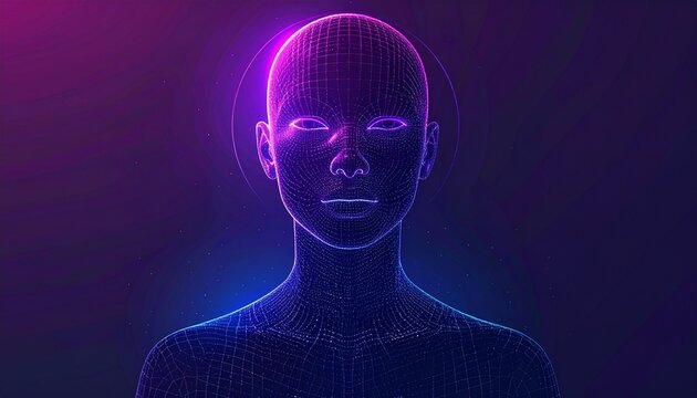 futuristic ai human avatar with glowing neural mesh and neon lighting