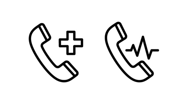 Healthcare telemedicine icons of telephone handset with medical cross and pulse waveform line art representing remote medical support telephone healthcare