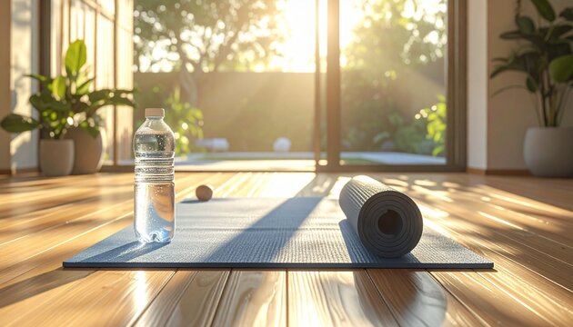 morning yoga routine with water bottle and mat in sunlit home wellness space