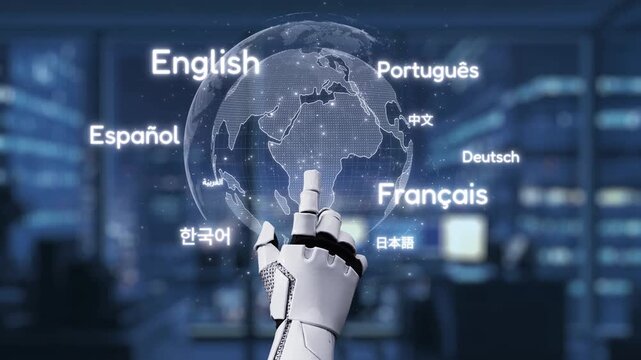 A robotic hand interacts with a digital globe showcasing multiple language options. This video represents the fusion of technology and global communication in modern society. Auvana
