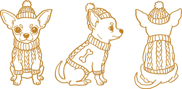 Hand-drawn doodle of three cute chihuahua dogs wearing knitted winter sweaters and pom-pom beanies, golden brown line