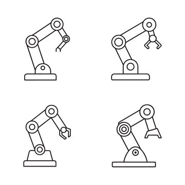 Four robotic arms with different end effectors for industrial automation and manufacturing processes