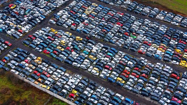 Aerial view of large automobile scrapyard with rows of old cars. High angle shot of numerous scrap vehicles parked in organized rows at a recycling facility.