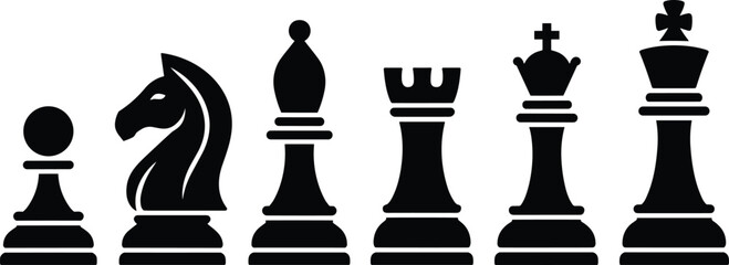 Chess Pieces Silhouette Icon Set with Pawn Knight Bishop Rook Queen and King for Board Game Strategy and Sport Design Projects © sojibislam
