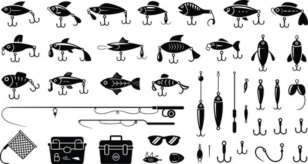 Fishing Equipment Silhouette Icon Set with Fish Lure Hook Rod Tackle Box and Gear for Outdoor Sport and Hobby Design Projects © sojibislam
