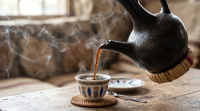 Jebena Pour, Ethiopian Jebena Coffee Pot Pouring Strong Dark Coffee Into Small Porcelain Sini Cup, coffee pour shot, ethiopian coffee pour, buna pour, small porcelain cup