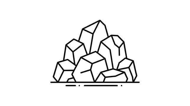 A minimalist line art icon depicting a pile of raw, angular, crystalline stones or rocks, isolated on a white background