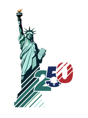 Naklejka premium 250 years of US Independence Day. Statue of Liberty. Red and blue flat design of numbers with geometric stripes in colors of the American flag. Holiday in New York. Vector illustration of banners 
