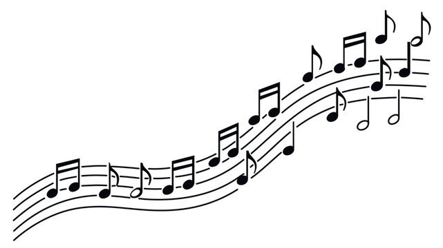 Wavy musical staff with flowing melody notes vector illustration. Elegant black and white minimalist design for music education, concerts, and artistic projects. Scalable flat icon graphic.