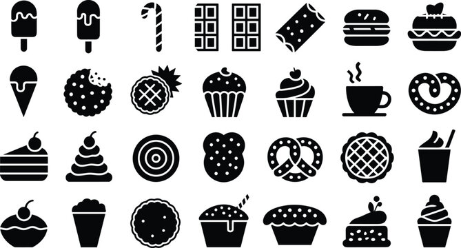 Sweet Food and Dessert Silhouette Icon Set with Ice Cream Cupcake Cookie Chocolate Cake and Bakery Items for Food Design