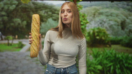 Woman holding a long baguette upright on a leafy park path, wearing a beige top and jeans and smiling toward camera  fresh joy. © Krakenimages.com