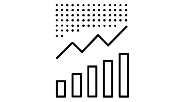 Minimalist vector illustration of a financial trading dashboard featuring a rising bar chart, fluctuating line graph, and dotted data pattern, ideal for business analytics and stock market apps.
