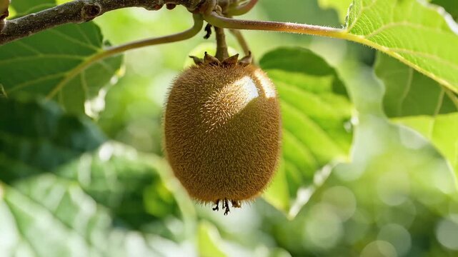 Closeup of a ripe kiwi fruit hanging from a tree branch.
