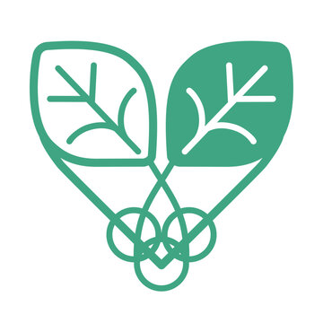 Heart-Shaped Twin Leaves Eco Icon with Circular Chain Stems and Fill Accent