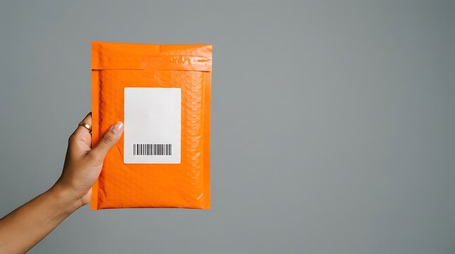 Orange bubble mailer with barcode label held in hand. Minimalist studio lighting emphasizes texture and copy space. Perfect for logistics and retail delivery service advertising.
