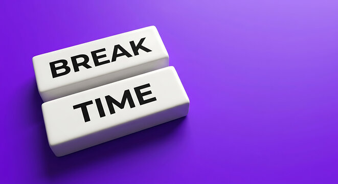 Minimalist 3D Rendering of "BREAK TIME" Ceramic Blocks on Vibrant Purple Background. Conceptual Business Still Life Highlighting Work-Life Balance and Professional Wellness.