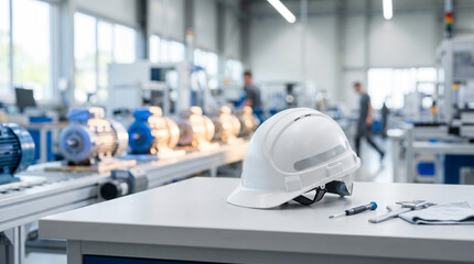 Obraz premium White safety helmet on table with tools and industrial machinery blurred background in factory