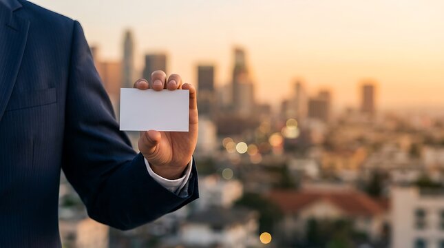 Blank white card held by a businessman in a navy suit against a warm golden hour city bokeh. Sharp focus on the card. Ideal for corporate contact and identity marketing.