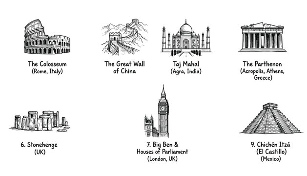 Famous world landmarks and architectural monuments vector drawings on transparent background.