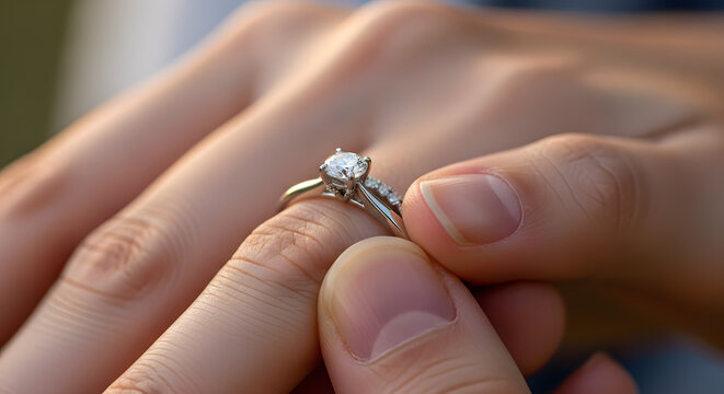 Close up of a diamond engagement ring being placed on a finger