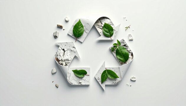 minimalist eco recycling symbol with green leaves and white objects flat lay composition